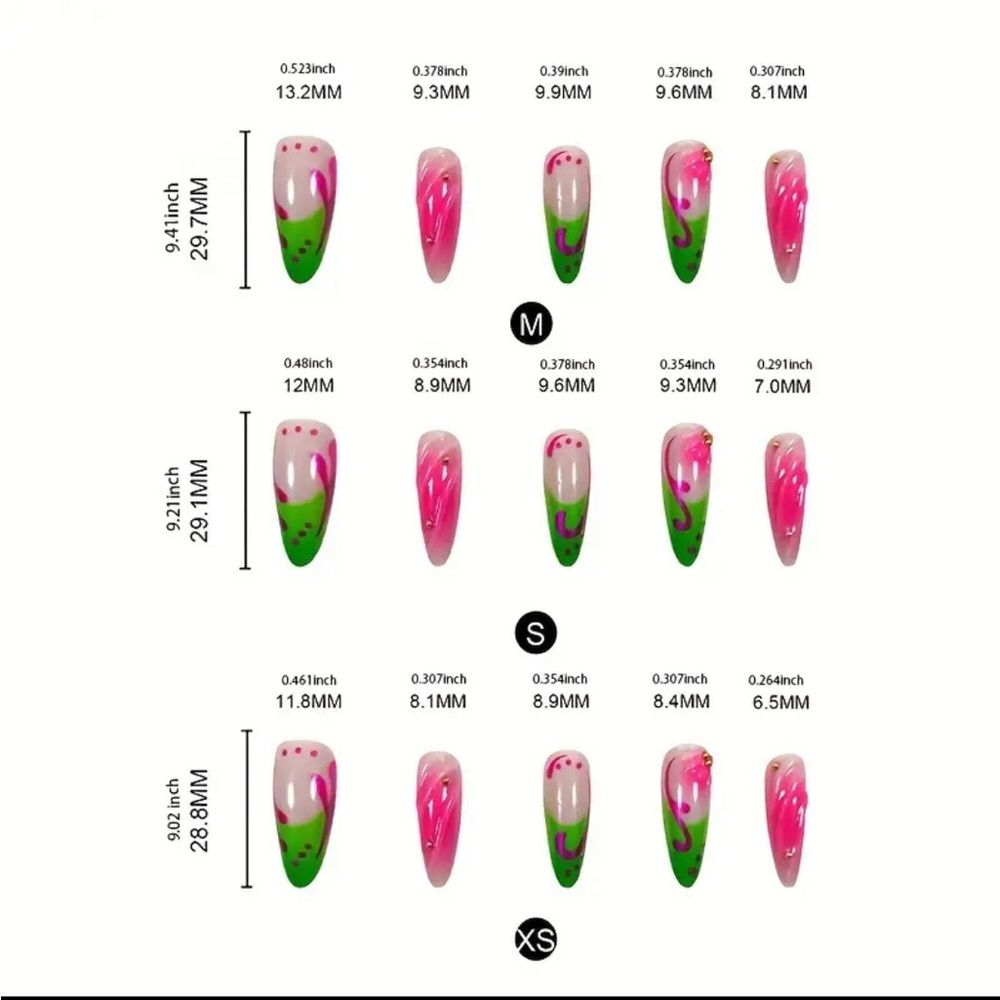 Pink & Green Handmade Press-On Nails Reusable Medium acrylic 3-D NWT - Picture 6 of 8